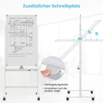 60 x 100 cm Obojstranná magnetická tabuľa s kolieskami a stojanom a zásobníkom na perá Biela