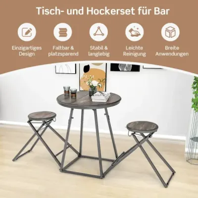 Costway Bartisch mit Barhocker Set 2 Personen Bartisch Set klappbar 206,5 x 77,5 x 90 cm Rustikalbraun