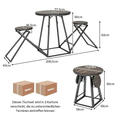 Costway Bartisch mit Barhocker Set 2 Personen Bartisch Set klappbar 206,5 x 77,5 x 90 cm Rustikalbraun