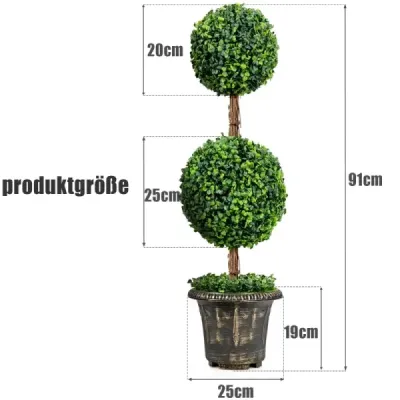 Umelý topiary strom 90 cm veľký dvojitý guľový strom s ochranou proti UV žiareniu a vode s cementom naplneným hrncom