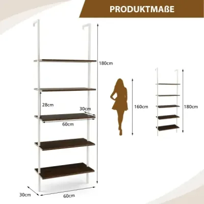 Nástenný regál s 5 úrovňami rebríkových políc 180 cm s kovovým rámom hnedý