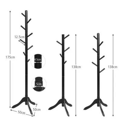 Vešiak s 8 háčikmi Drevený vešiak s nastaviteľnou výškou 175 cm čierny