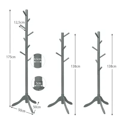 Vešiak s 8 háčikmi Drevený vešiak s nastaviteľnou výškou 175 cm Sivý