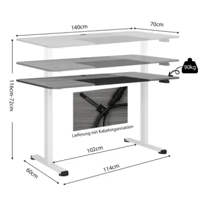 140 x 70 cm Elektrický výškovo nastaviteľný stôl so stop mechanizmom a háčikom Tmavo šedá