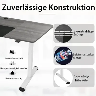 140 x 70 cm Elektrický výškovo nastaviteľný stôl so stop mechanizmom a háčikom Tmavo šedá