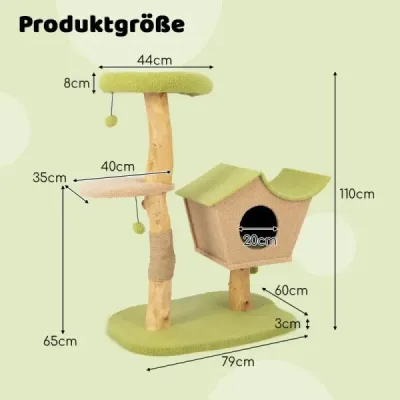 110 cm veľká drevená veža pre mačky s čalúneným sedadlom Domček na škrabanie zelený 79 x 60 x 110 cm