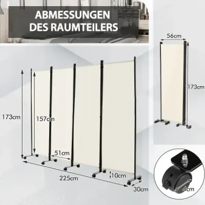 Room Divider so 4 panelmi na kolieskach 173 cm vysoká rolovacia zástena na ochranu súkromia béžová