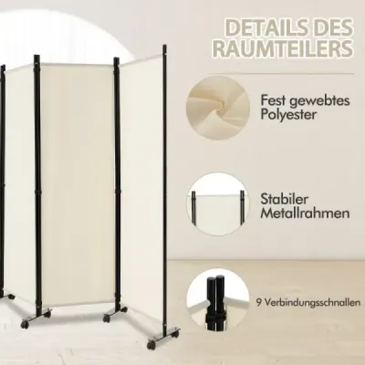 Room Divider so 4 panelmi na kolieskach 173 cm vysoká rolovacia zástena na ochranu súkromia béžová