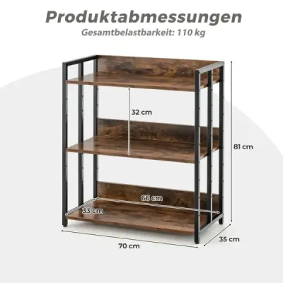 Costway Bücherregal mit 3 Ebenen Standregal mit verstellbaren Regalböden und Metallrahmen 70 x 35 x 81 cm