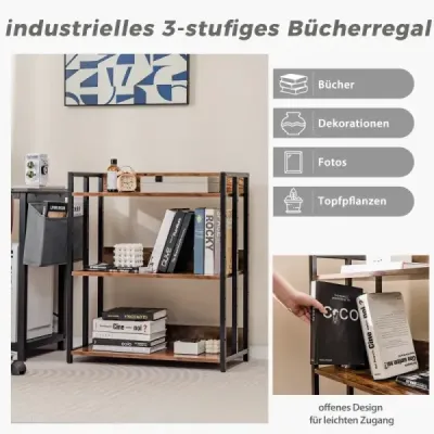 Costway Bücherregal mit 3 Ebenen Standregal mit verstellbaren Regalböden und Metallrahmen 70 x 35 x 81 cm