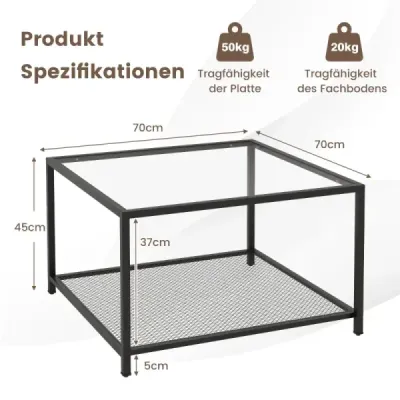 2-úrovňový sklenený stolík s úložným priestorom a sieťovanou policou Moderný štvorcový konferenčný stolík 70 x 70 x 45 cm Transparentný