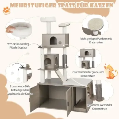 Costway Kratzbaum mit Katzenklo 2-in-1 Katzenbaum mit 2 Häusern 95 x 55,5 x 173 cm Grau