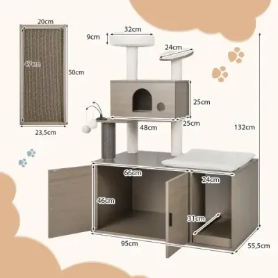 Škrabadlo  s toaletnou skrinkou moderná mačacia veža 2 v 1 s jaskyňou 95 x 55,5 x 132 cm šedá