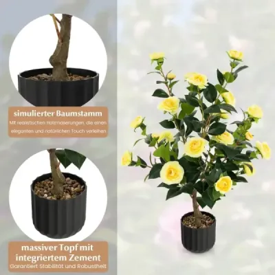 Umelý stromček Camellia 95 cm Umelá kvetinová rastlina Umelý stromček v cementovom kvetináči žltá