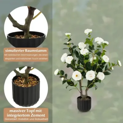 Umelý stromček Camellia 95 cm Umelá kvetinová rastlina Umelý stromček v cementovom kvetináči biely