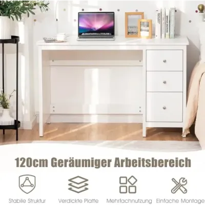 Costway Schreibtisch mit 3 Schubladen & Anti-Kipp-Vorrichtung Computertisch 120 x 50 x 75 cm Weiß