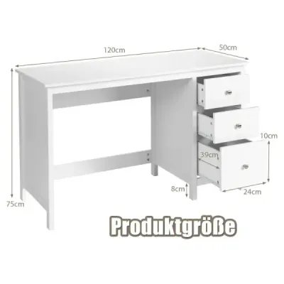 Costway Schreibtisch mit 3 Schubladen & Anti-Kipp-Vorrichtung Computertisch 120 x 50 x 75 cm Weiß