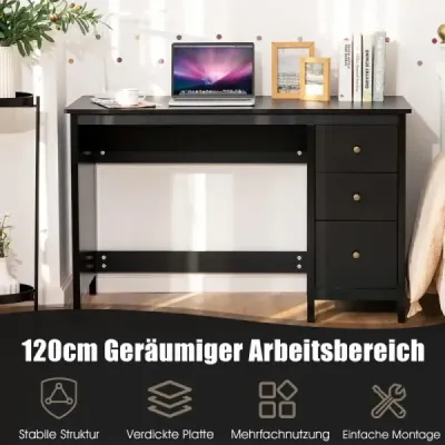 Costway Schreibtisch mit 3 Schubladen & Anti-Kipp-Vorrichtung Computertisch 120 x 50 x 75 cm Schwarz