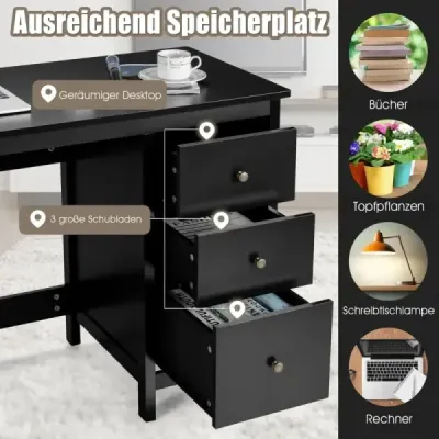 Costway Schreibtisch mit 3 Schubladen & Anti-Kipp-Vorrichtung Computertisch 120 x 50 x 75 cm Schwarz