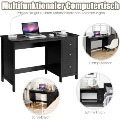 Costway Schreibtisch mit 3 Schubladen & Anti-Kipp-Vorrichtung Computertisch 120 x 50 x 75 cm Schwarz