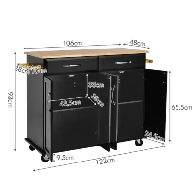 Costway Rollender Kücheninselwagen mit Arbeitsplatte aus Gummiholz 4-türiger Servierwagen 122 x 48 x 92,5 cm Schwarz