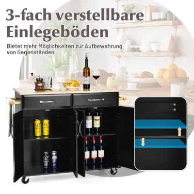 Costway Rollender Kücheninselwagen mit Arbeitsplatte aus Gummiholz 4-türiger Servierwagen 122 x 48 x 92,5 cm Schwarz