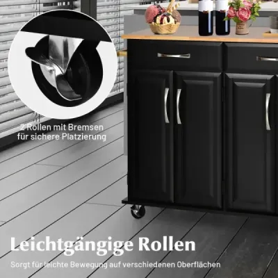 Costway Rollender Kücheninselwagen mit Arbeitsplatte aus Gummiholz 4-türiger Servierwagen 122 x 48 x 92,5 cm Schwarz