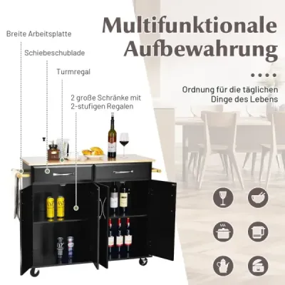 Costway Rollender Kücheninselwagen mit Arbeitsplatte aus Gummiholz 4-türiger Servierwagen 122 x 48 x 92,5 cm Schwarz