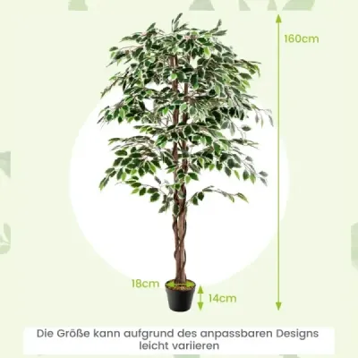 160 cm umelý stromček ficus so 1008 listami a prírodným dreveným kmeňom a robustným kvetináčom