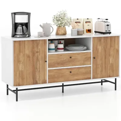 Costway Modernes Buffet-Sideboard Kaffeebar im Mid-Century-Stil mit Schiebetüren 150 x 45 x 74 cm Weiß + Eiche