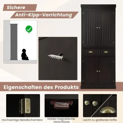 Costway Küchenschrank 183 cm Buffetschrank aus Holz mit Verstellbarer Regalen 76 x 40 x 183 cm Braun