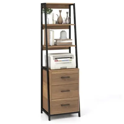 Costway Bücherregal Büroregal mit 3 Schubladen & 4 offenen Regalen 51 x 40 x 175 cm Natur + Schwarz