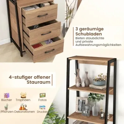 Costway Bücherregal Büroregal mit 3 Schubladen & 4 offenen Regalen 51 x 40 x 175 cm Natur + Schwarz