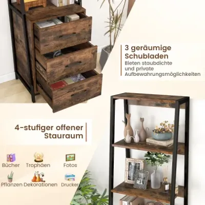 Costway Bücherregal Büroregal mit 3 Schubladen & 4 offenen Regalen 51 x 40 x 175 cm Rustikales Braun + Schwarz