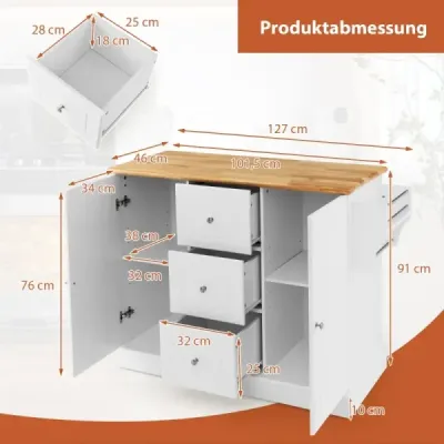 Costway Küchenschrank Holz Kücheninsel mit 5 versteckten Rollen Küchenwagen mit Arbeitsplatte 127 x 46 x 91,5 cm Weiß