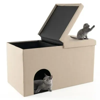 Cat cave skladací domček pre mačky 2 v 1 lavica do 200 kg úkryt pre mačky na podstielku 90 x 50 x 50 cm béžová