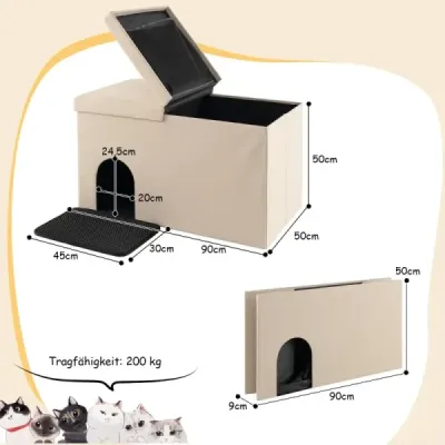 Cat cave skladací domček pre mačky 2 v 1 lavica do 200 kg úkryt pre mačky na podstielku 90 x 50 x 50 cm béžová