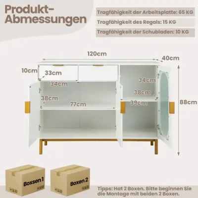 Bufetová skrinka so sklenenými dverami príborník s 2 zásuvkami a kovovými nohami 120 x 40 x 88 cm biela