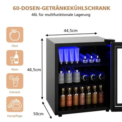 Costway 46L Getränkekühlschrank mit Glastür Flaschenkühlschrank 44,5 x 46 x 49,5 cm Schwarz