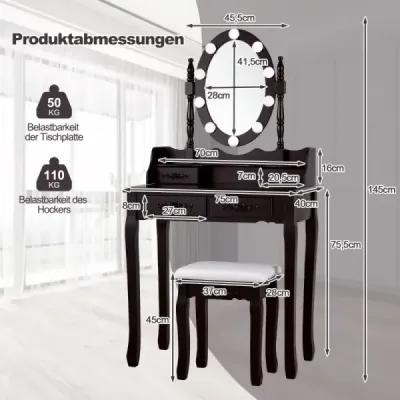 Toaletný stolík s LED osvetlením s nastaviteľným jasom toaletný stolík so 4 zásuvkami čierny