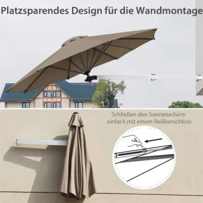 247 cm nástenný dáždnik Terasový dáždnik s nastaviteľnou tyčou Slnečník s veterným ventilom Hnedá