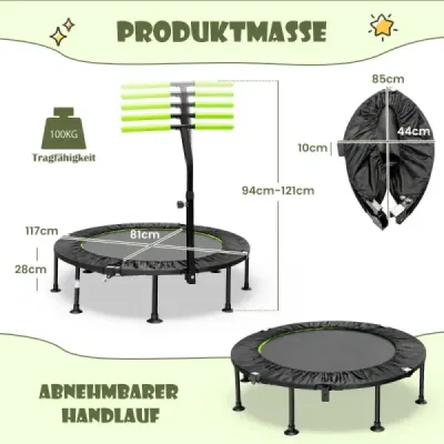 ?110cm Skladacia mini trampolína s nastaviteľnou výškou rukoväte Detská trampolína zelená