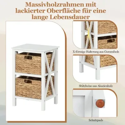 Sada 2 trojposchodových nočných stolíkov s 2 košmi z morskej trávy a úzkym bočným stolíkom X-Design White