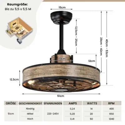 Stropný ventilátor 50 cm s osvetlením a diaľkovým ovládaním a stropným svetlom s časovačom 4H