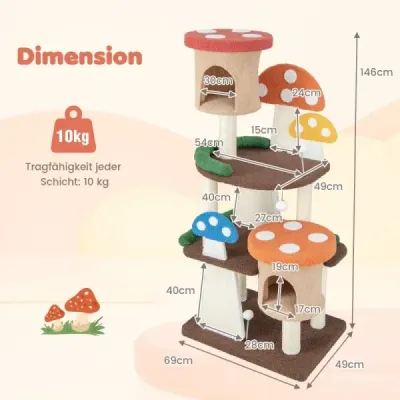 Strom pre mačky so vzhľadom hríbov Strom pre mačky s 2 jaskyňami pre mačky a sisalovou škrabacou doskou a plošinami a loptou na hranie 69 x 49 x 146 cm