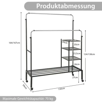 Stojan na oblečenie s 2 koľajničkami na oblečenie Stojan na oblečenie na kolieskach Výškovo nastaviteľný stojan na oblečenie 135 x 54 x 170 cm Strieborná farba