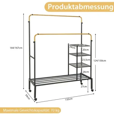 Stojan na oblečenie s 2 koľajničkami na oblečenie Stojan na oblečenie na kolieskach Výškovo nastaviteľný stojan na oblečenie 135 x 54 x 170 cm Zlatý