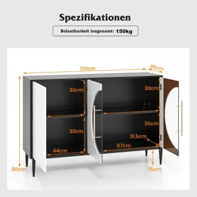 Costway Buffetschrank mit Glastüren & Metallbeinen Sideboard Küchenschrank Weiß + Schwarz