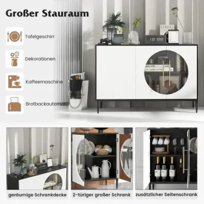 Costway Buffetschrank mit Glastüren & Metallbeinen Sideboard Küchenschrank Weiß + Schwarz