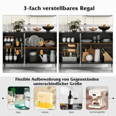 Costway Buffetschrank mit Glastüren & Metallbeinen Sideboard Küchenschrank Weiß + Schwarz